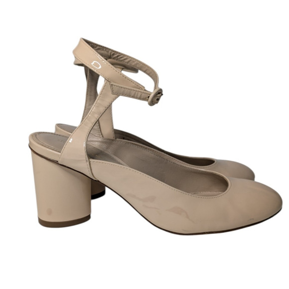 Stuart Weitzman Shape Cashew Gloss Patent Leather Halo Strap Heels Size 7 Block - Picture 3 of 15